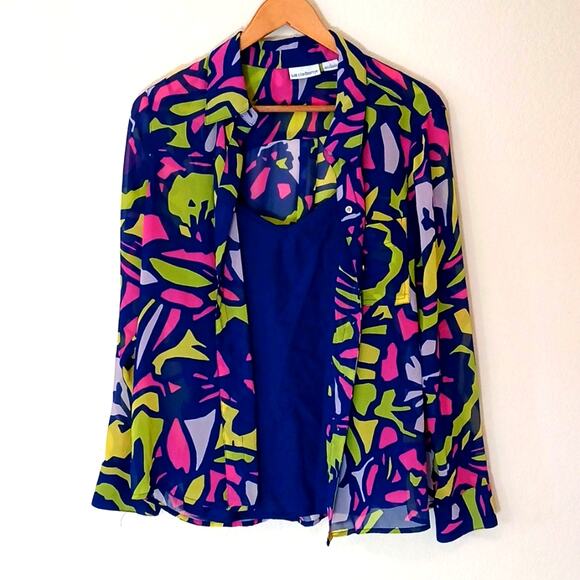 Liz Claiborne neon abstract sheer blouse with tank - Picture 2 of 6